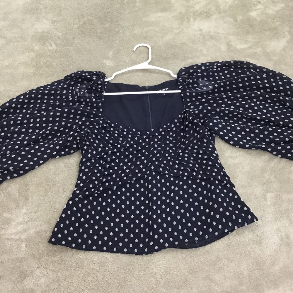 EXPRESS Navy Clip Dot Sweetheart Neckline Balloon Sleeve Blouse Top Sz S - Picture 8 of 11